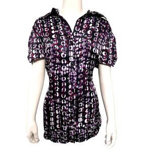 AGB Short Sleeve Button Up Shirt Size Large Geometric Print Black Purple White